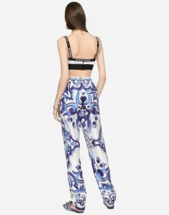 Silk twill pants with majolica print