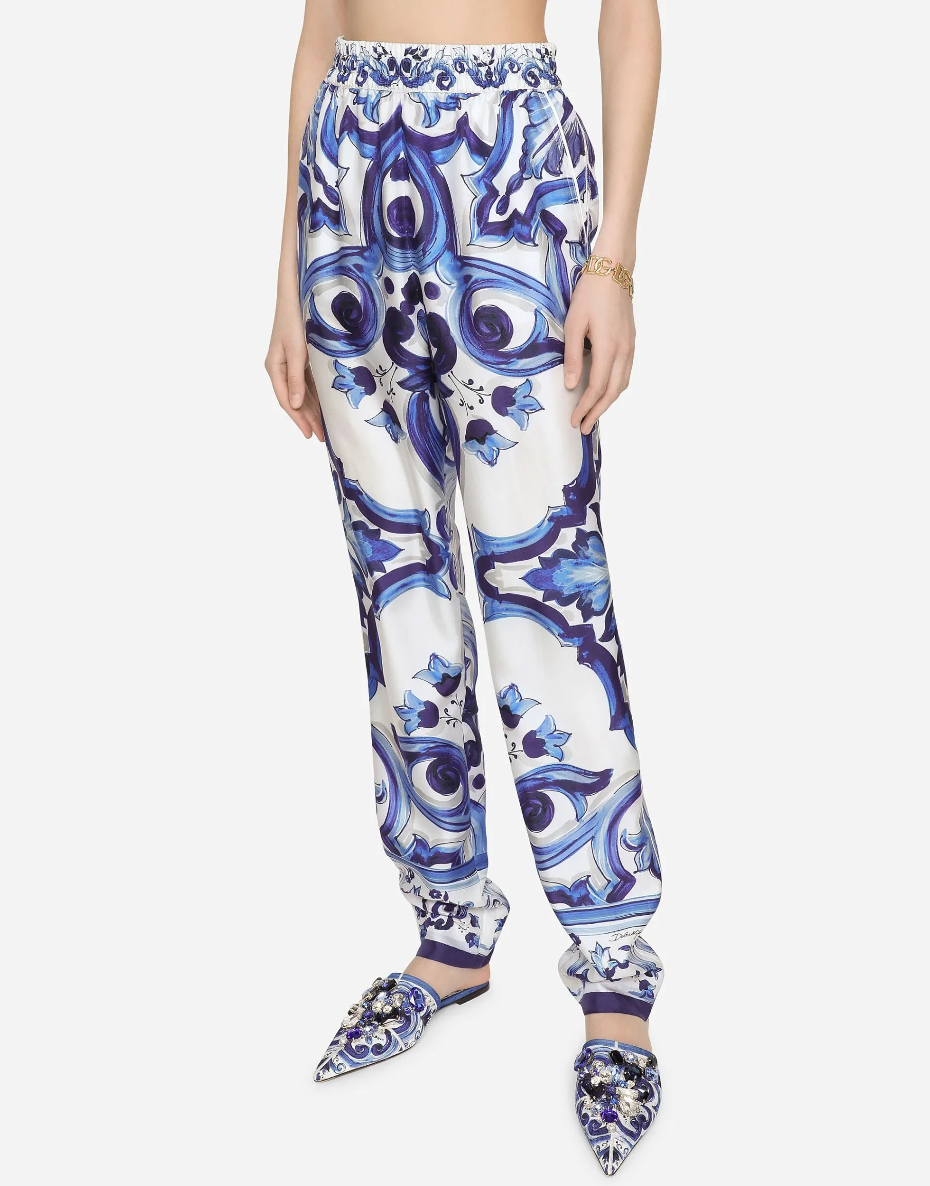 Silk twill pants with majolica print