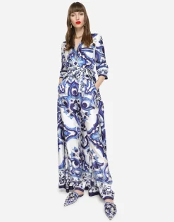 Silk twill pants with majolica print