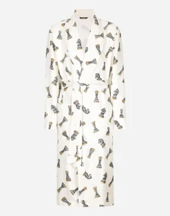 Silk twill robe with chess-piece print
