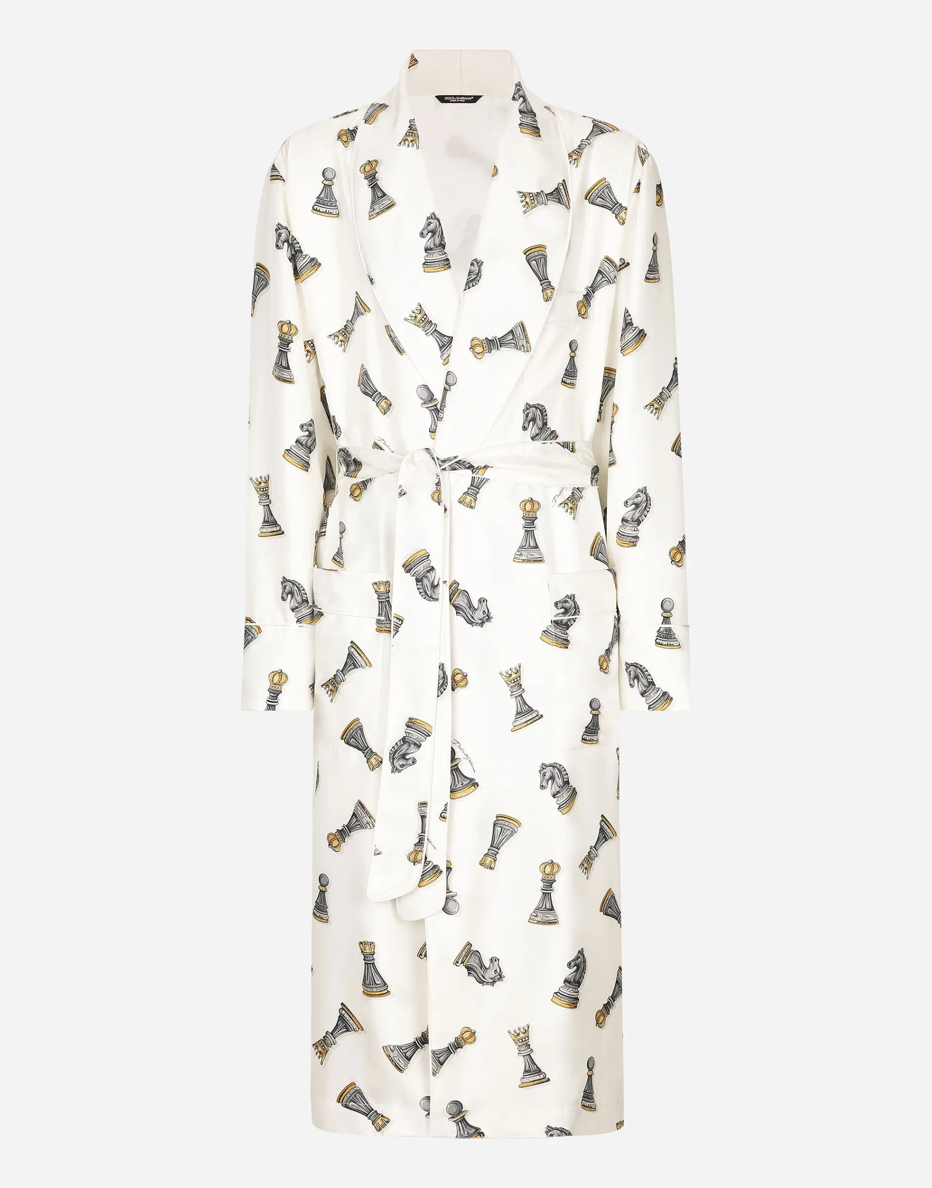 Silk twill robe with chess-piece print