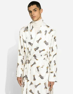 Silk twill robe with chess-piece print