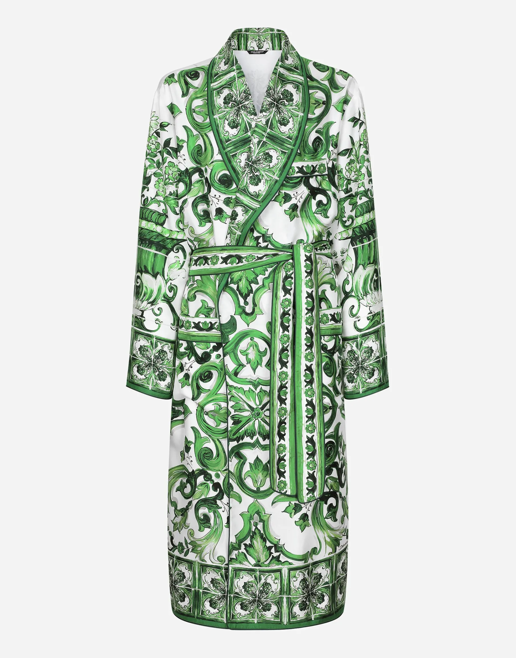 Silk twill robe with majolica print
