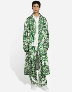 Silk twill robe with majolica print