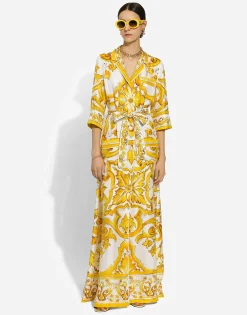 Silk twill robe with majolica print