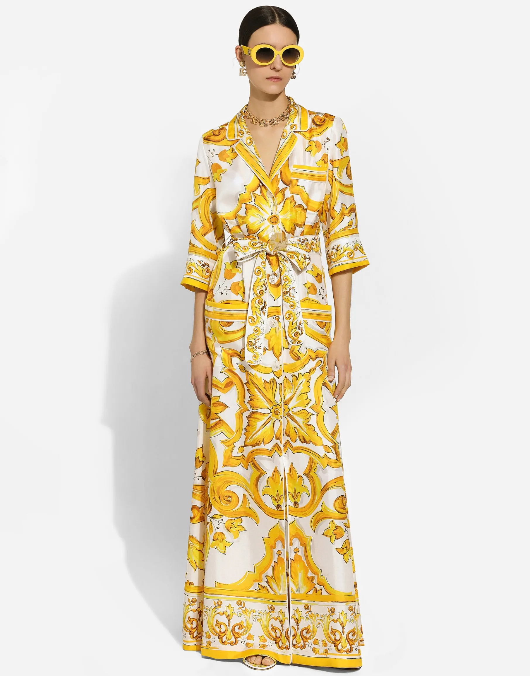 Silk twill robe with majolica print