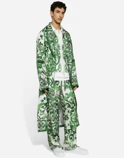 Silk twill robe with majolica print