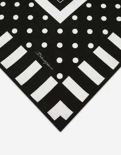 Silk twill scarf with polka-dot and striped print (90x90)