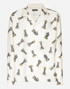 Silk twill shirt with chess-piece print