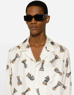 Silk twill shirt with chess-piece print