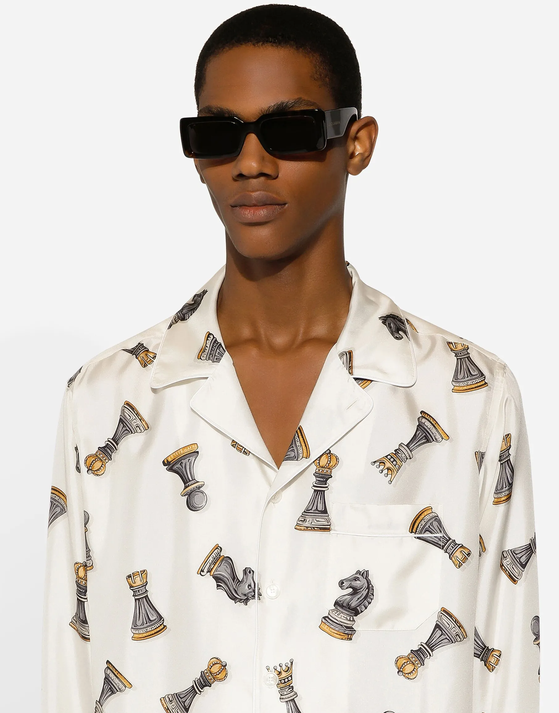 Silk twill shirt with chess-piece print