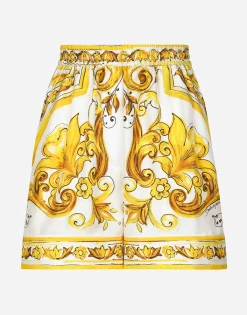 Silk twill shorts with majolica print