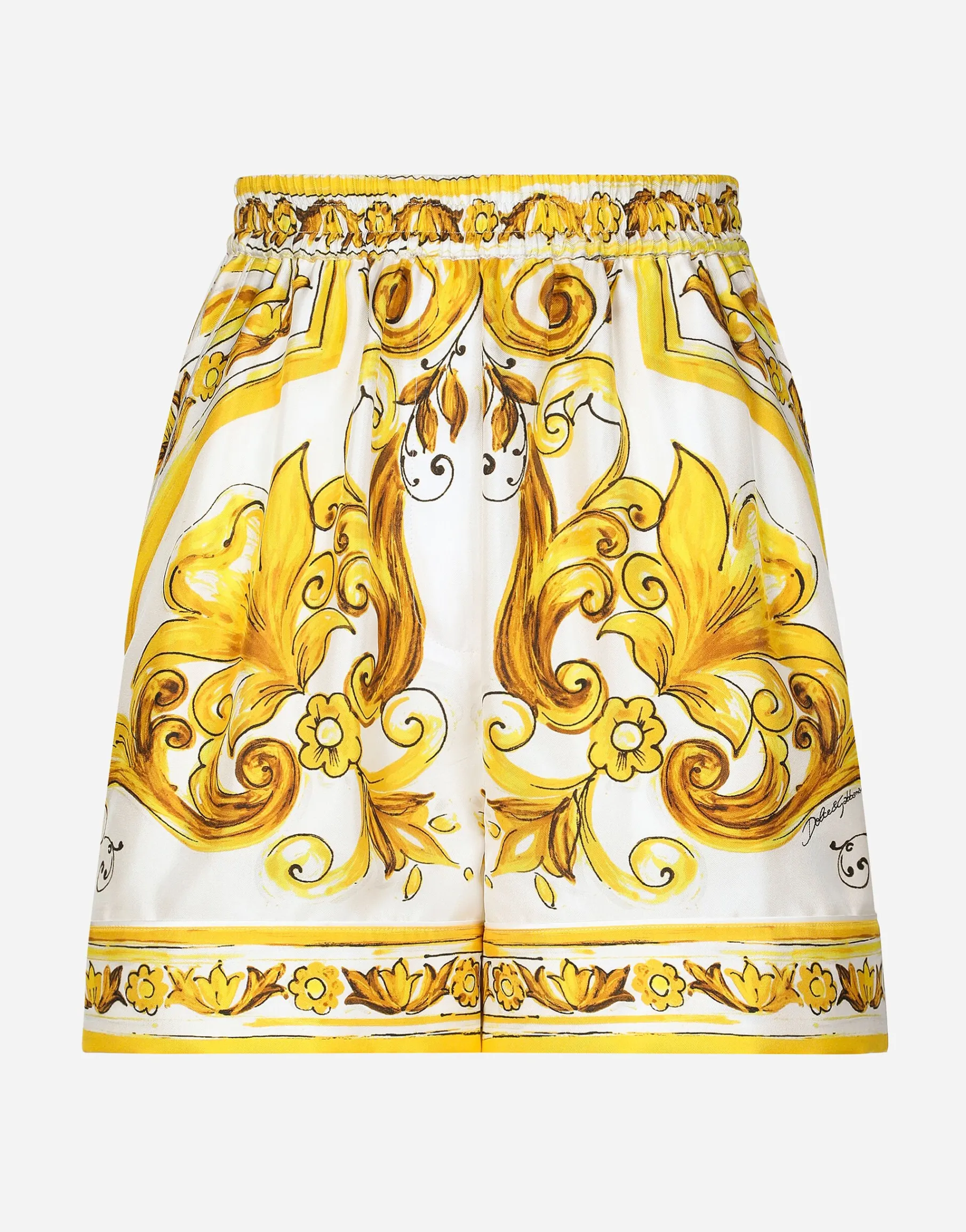 Silk twill shorts with majolica print