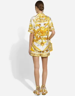 Silk twill shorts with majolica print