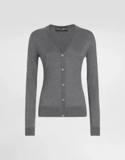 Silk V-neck cardigan with DG logo embroidery