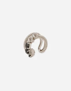 Single earring double earcuff in white gold 18k with colourless topazes and black spinels