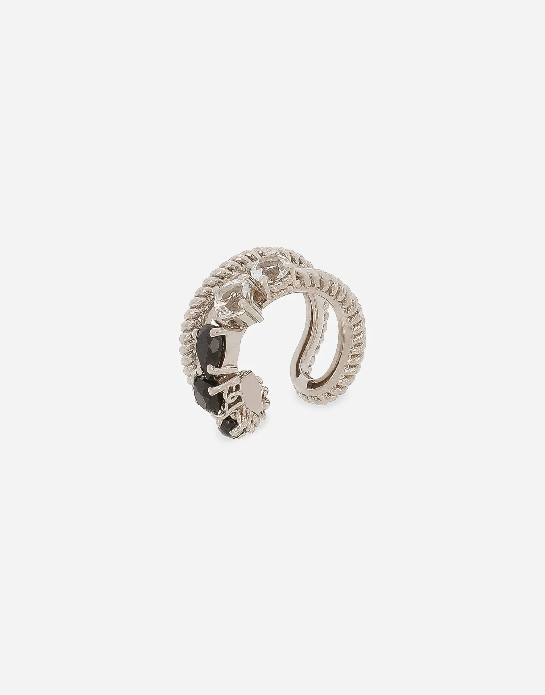 Single earring double earcuff in white gold 18k with colourless topazes and black spinels