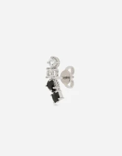 Single earring in white gold 18kt with colourless topazes and black spinels