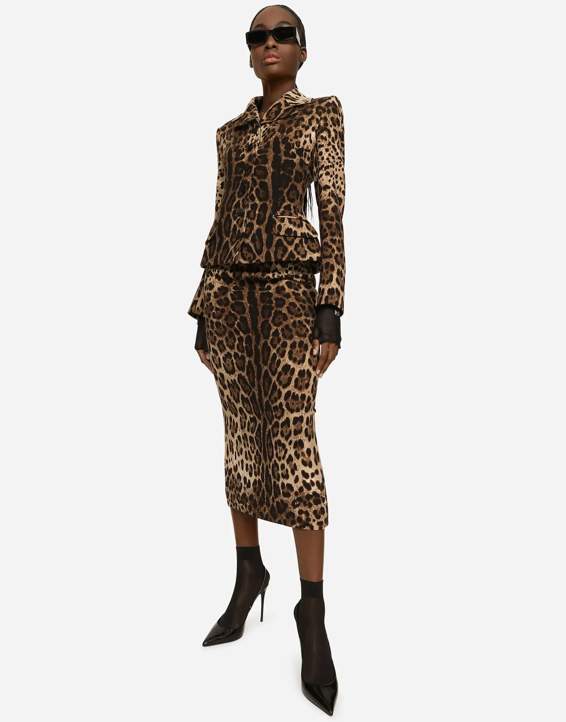 Single-breasted double crepe jacket with leopard print