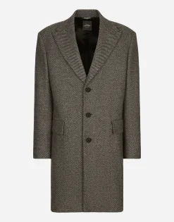 Single-breasted herringbone wool jersey coat