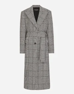 Single-breasted houndstooth check coat with belt