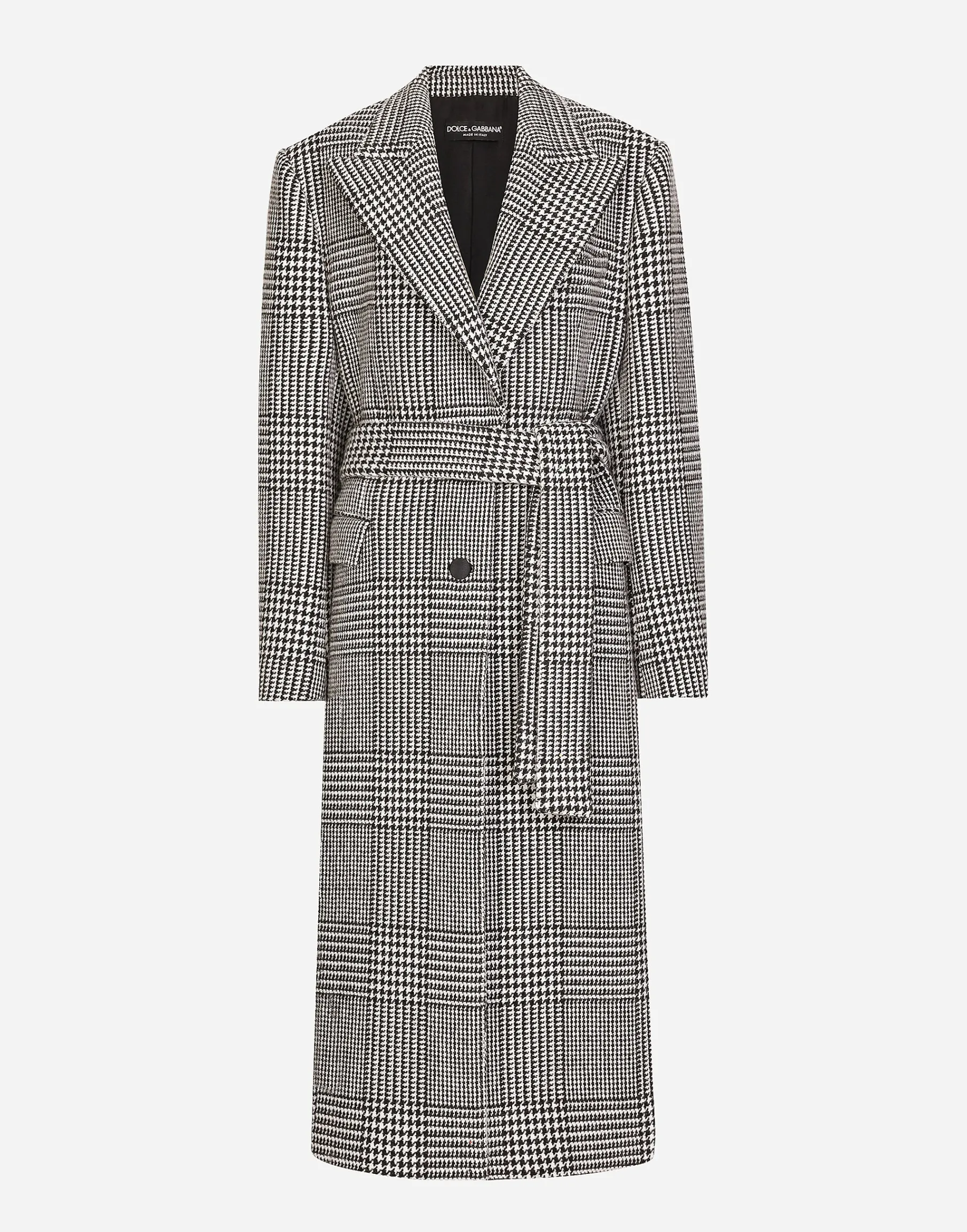 Single-breasted houndstooth check coat with belt