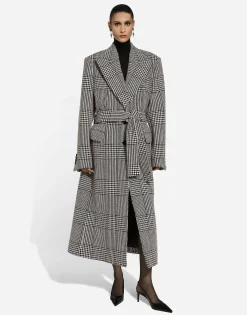Single-breasted houndstooth check coat with belt