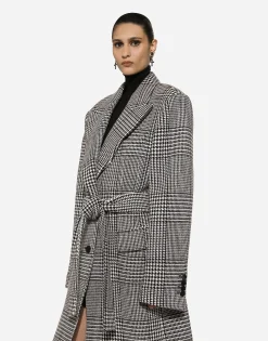 Single-breasted houndstooth check coat with belt