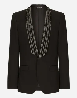 Single-breasted jacket with embroidered shawl collar