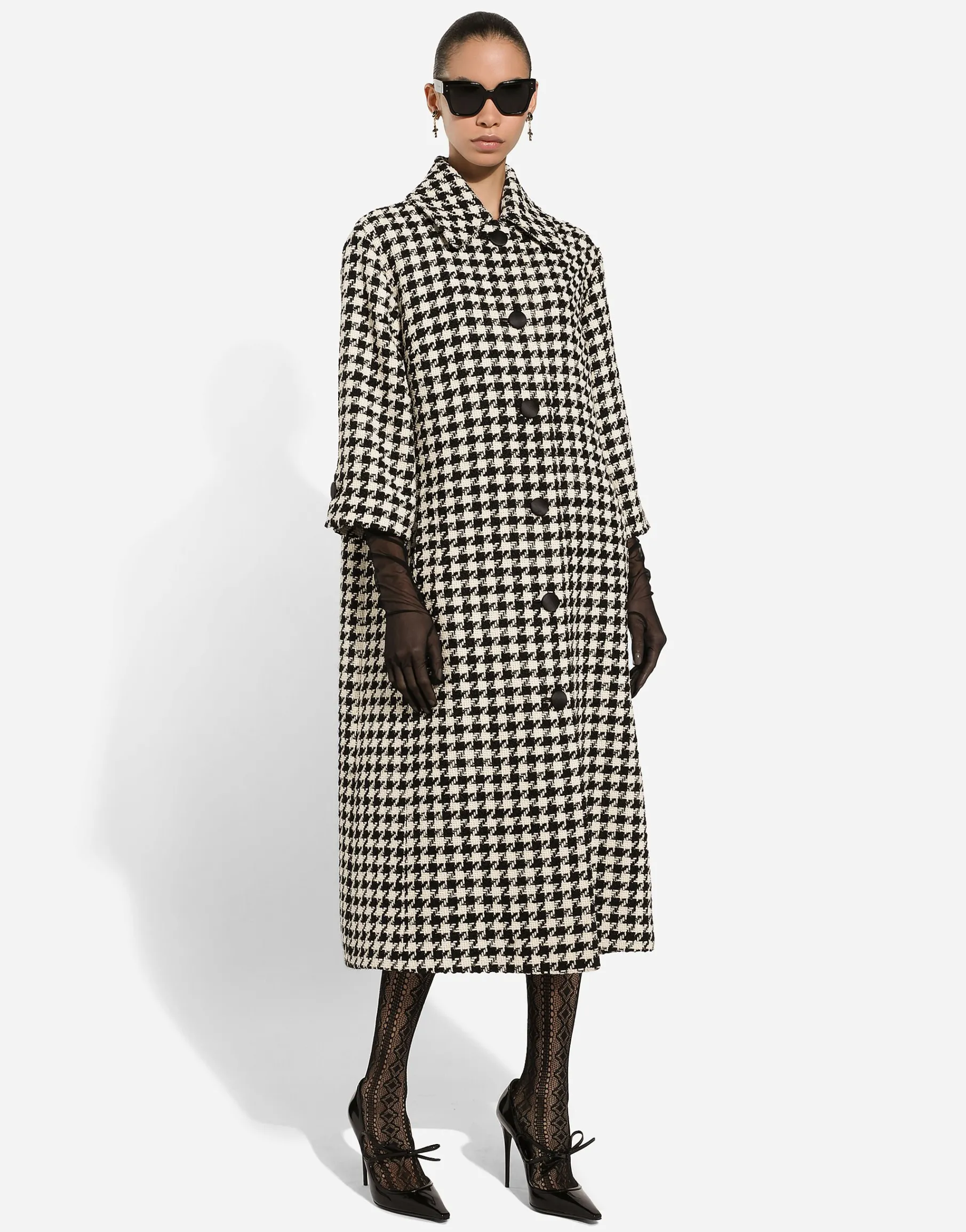 Single-breasted macro-houndstooth wool coat