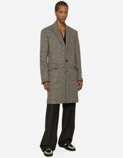 Single-breasted melange diagonal-weave wool coat
