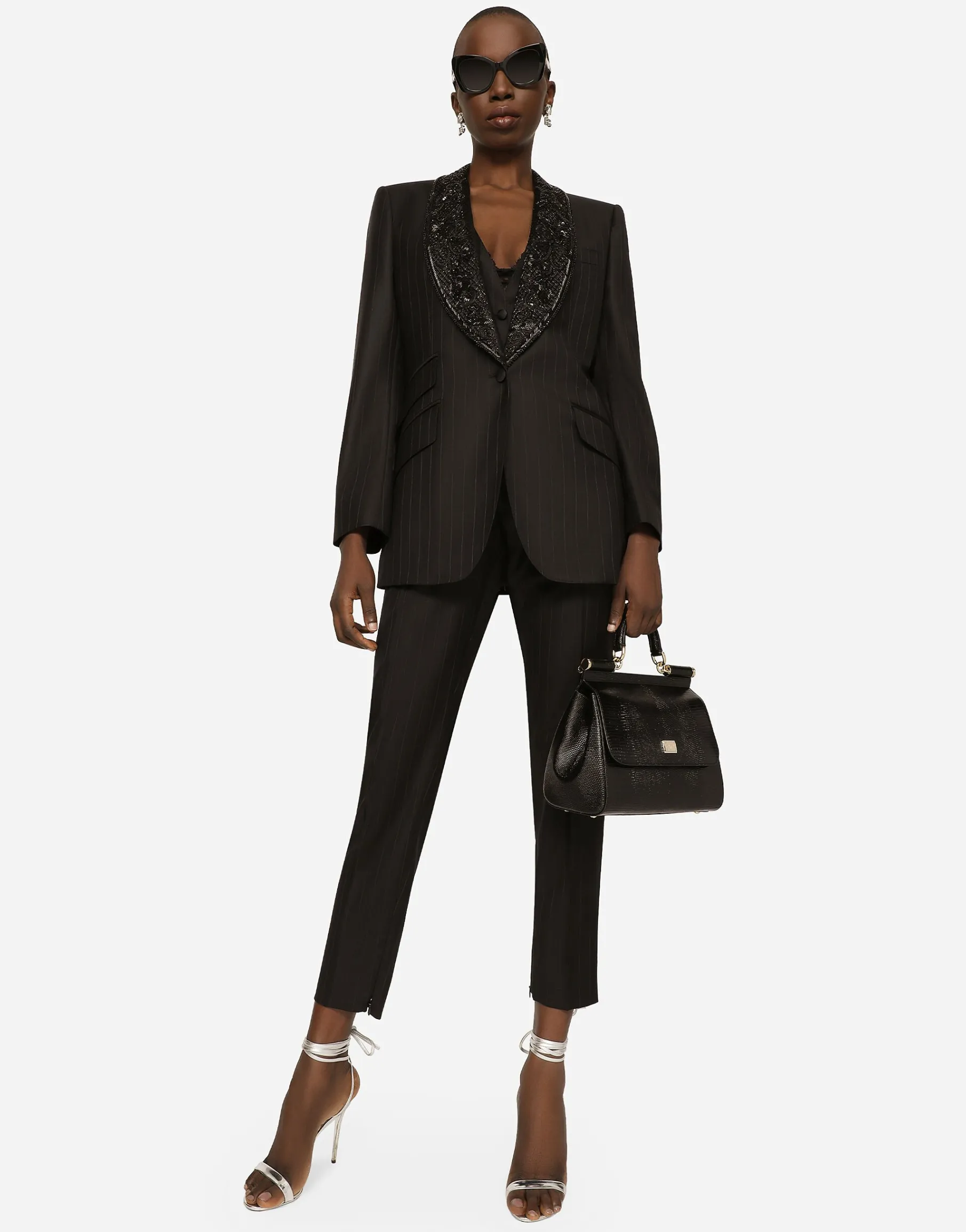 Single-breasted pinstripe jacket with embroidery