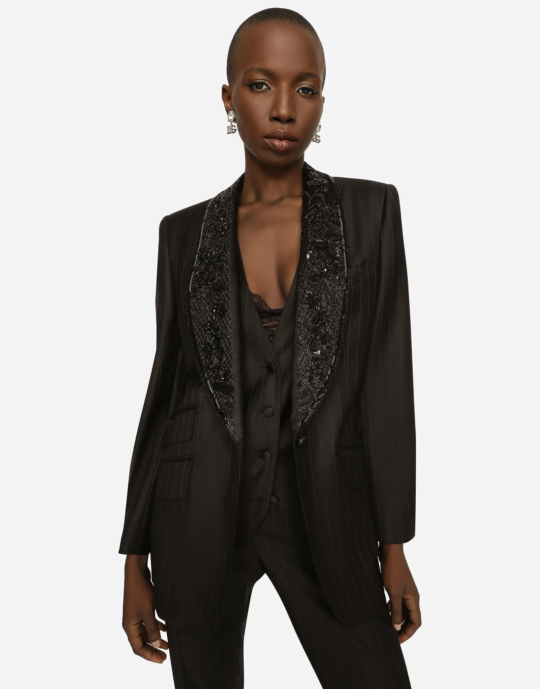 Single-breasted pinstripe jacket with embroidery