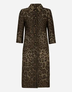 Single-breasted wool jacquard coat with leopard design
