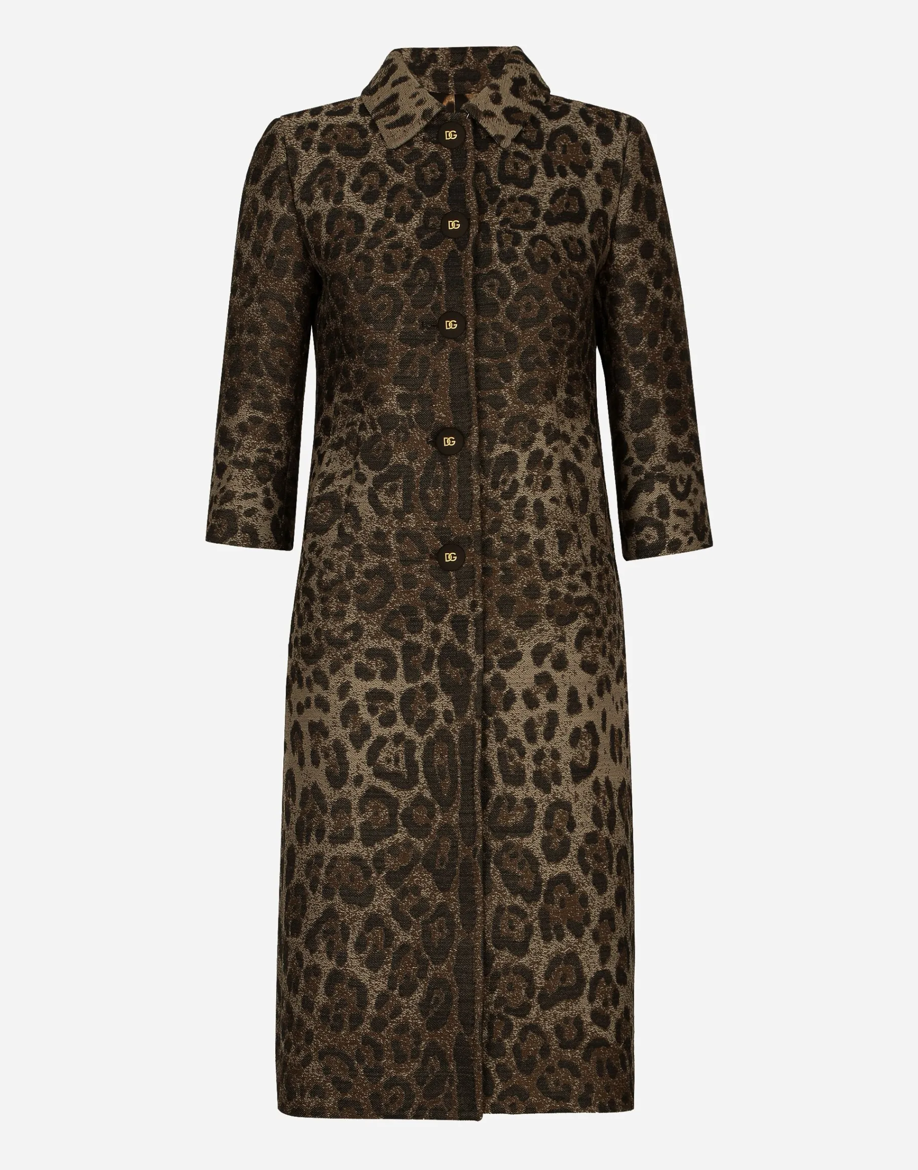 Single-breasted wool jacquard coat with leopard design