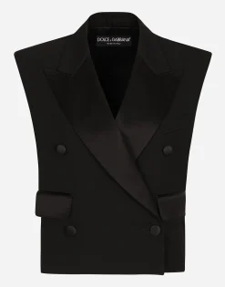 Sleeveless double-breasted wool gabardine tuxedo jacket