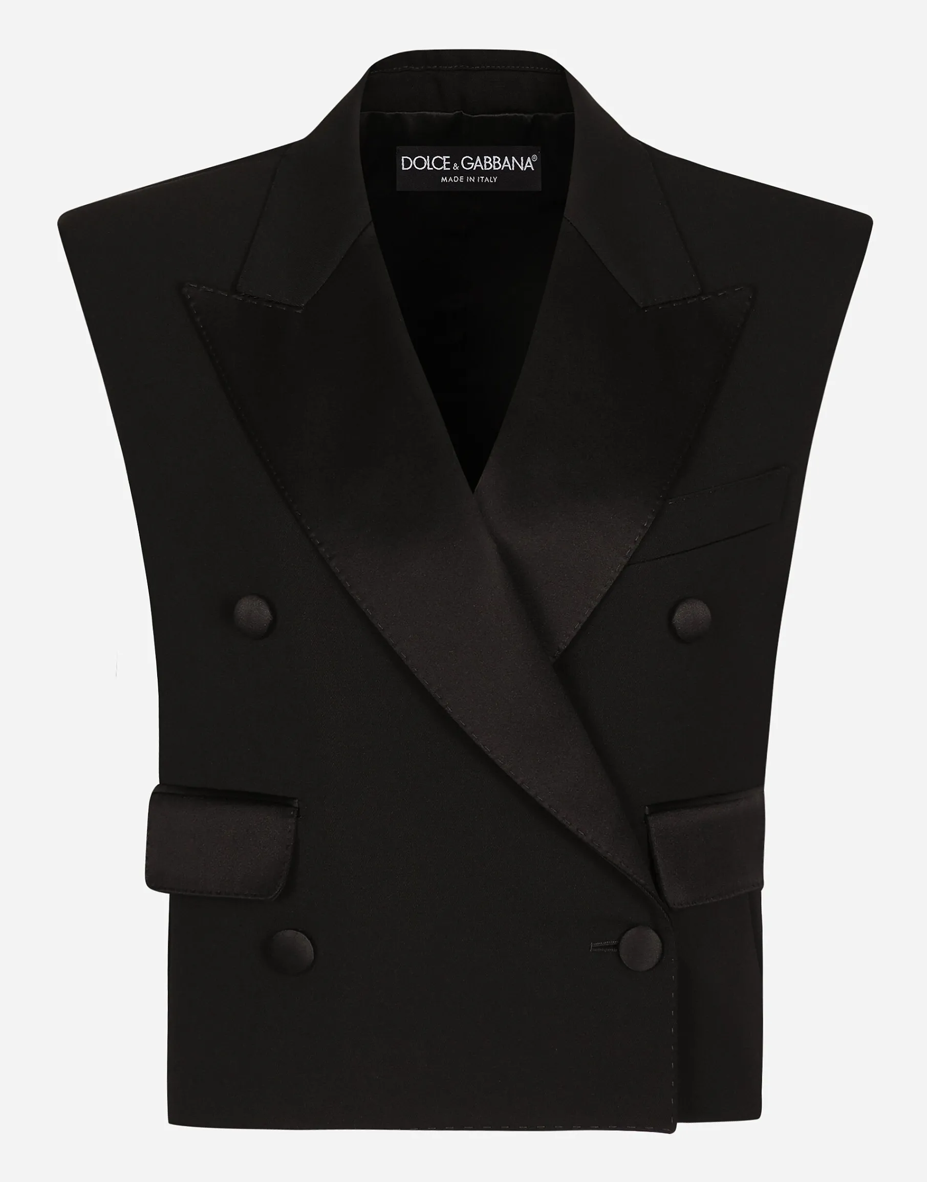 Sleeveless double-breasted wool gabardine tuxedo jacket