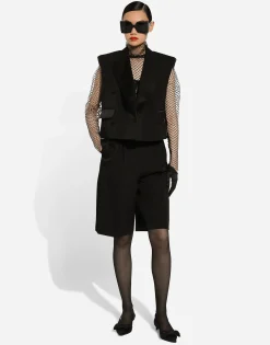 Sleeveless double-breasted wool gabardine tuxedo jacket