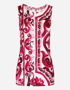 Sleeveless organzine top with Majolica print