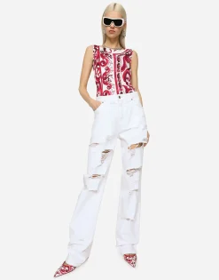 Sleeveless organzine top with Majolica print