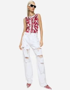 Sleeveless organzine top with Majolica print