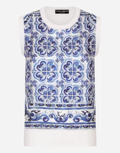 Sleeveless silk and twill sweater with majolica print