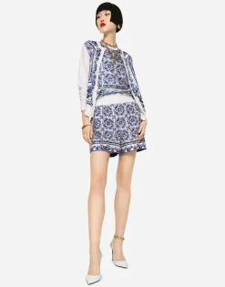 Sleeveless silk and twill sweater with majolica print