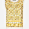 Sleeveless silk sweater with majolica-print silk twill panel on the front