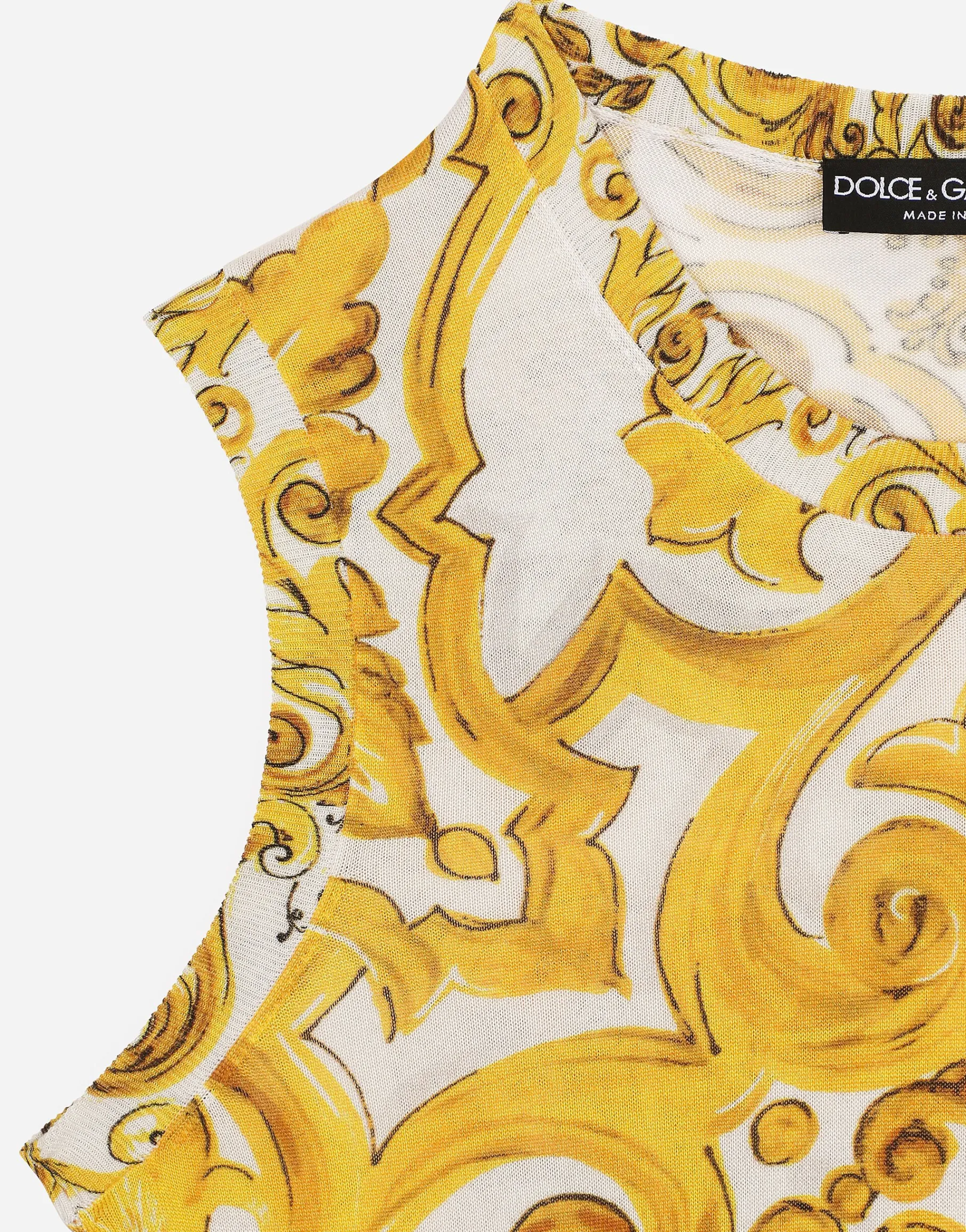 Sleeveless silk sweater with majolica print