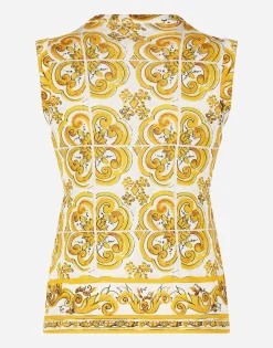 Sleeveless silk sweater with majolica print
