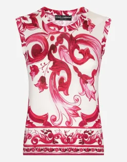 Sleeveless silk top with Majolica print