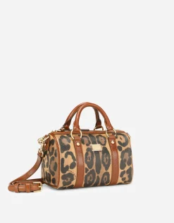 Small box satchel in leopard-print Crespo with branded plate