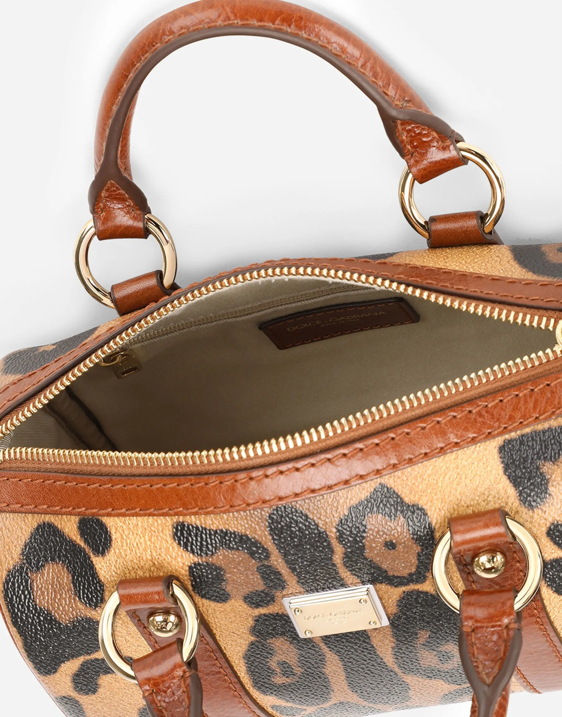 Small box satchel in leopard-print Crespo with branded plate