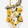 Spandex one-piece swimsuit with yellow rose print